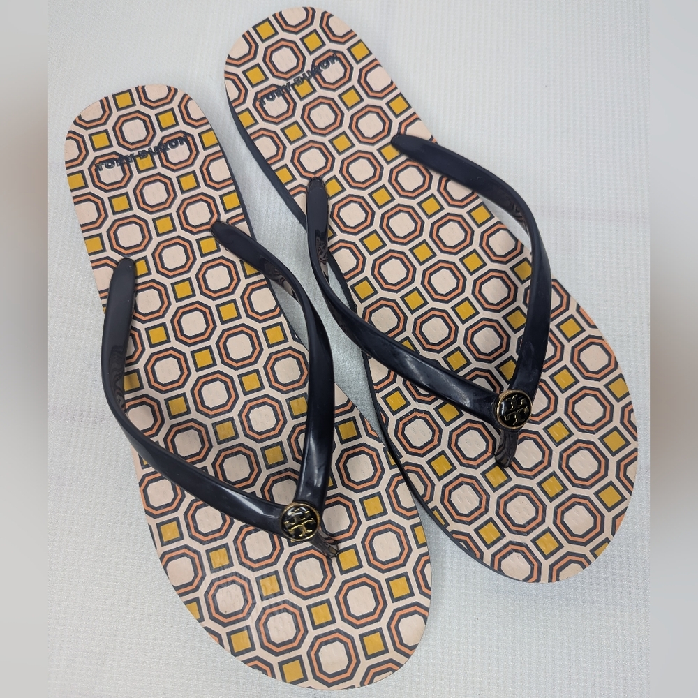 Tory Burch Geometric Multicolor Gold Logo Thong Sandals Flip Flops Women's 10